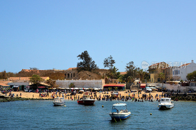 Downtown beach and the main square - view from the ocean, Island of Gorée, Dakar, Senegal